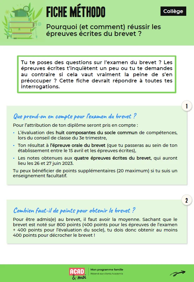 Fiche méthodo réussir les épreuves écrites du brevet Acad&Moi