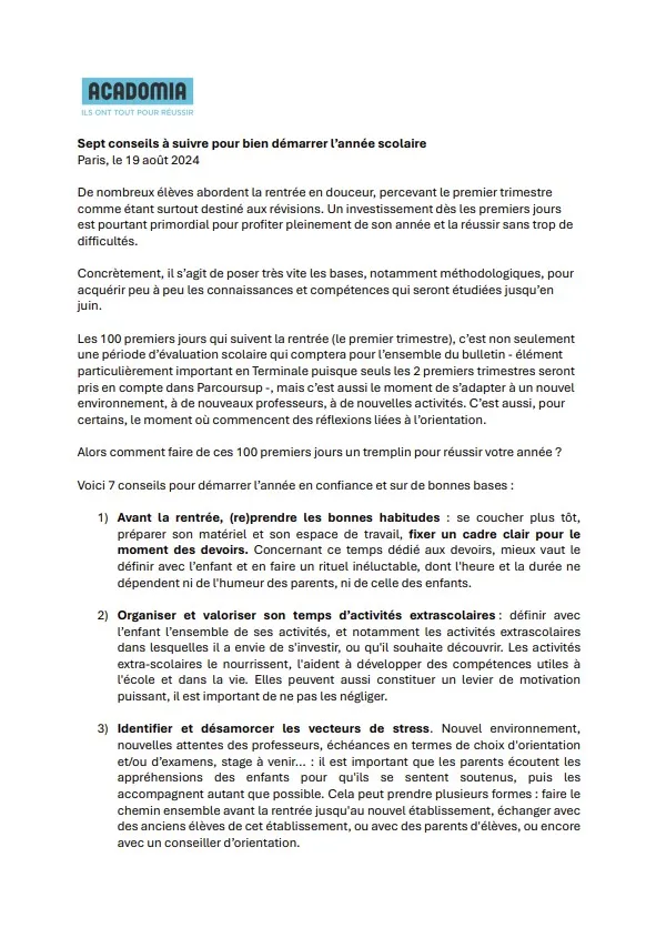 Communiqué de presse, conseil pour bien démarrer la rentrée, paru le 19 août 2024
