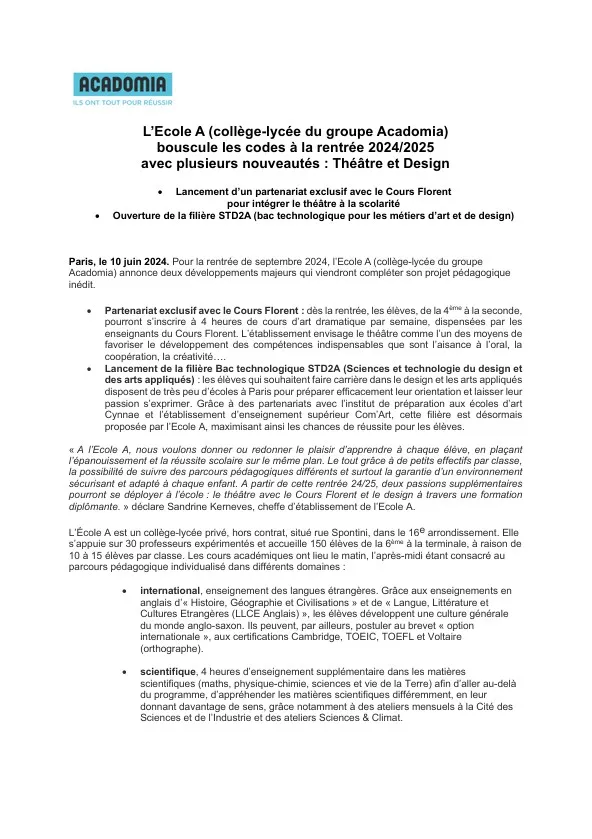 Communiqué de presse Institut Molière sur l'école A
