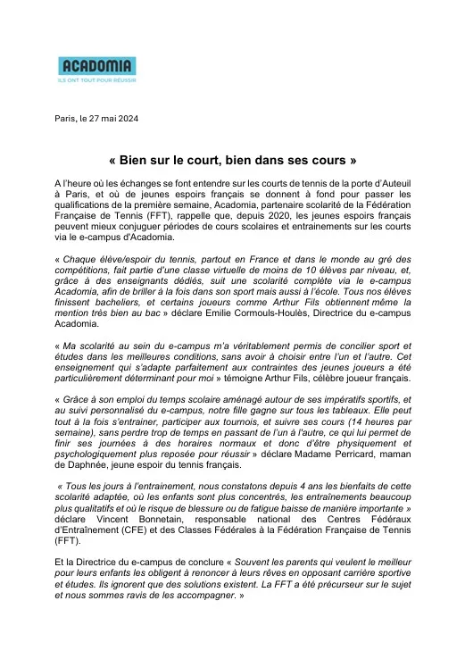 Communiqué de presse Institut Molière sur le sport étude