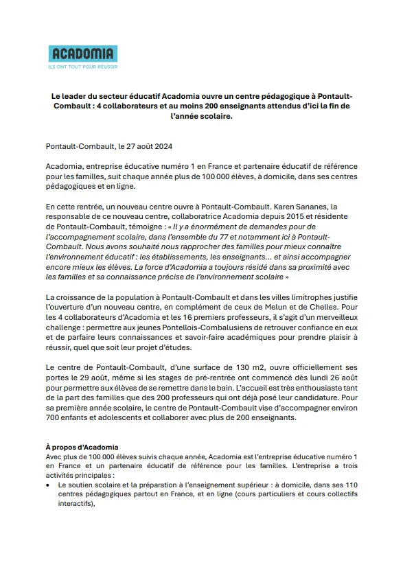 Communiqué de presse, ouverture de l'agence Institut Molière de Pontault-Combault, paru le 27 août 2024
